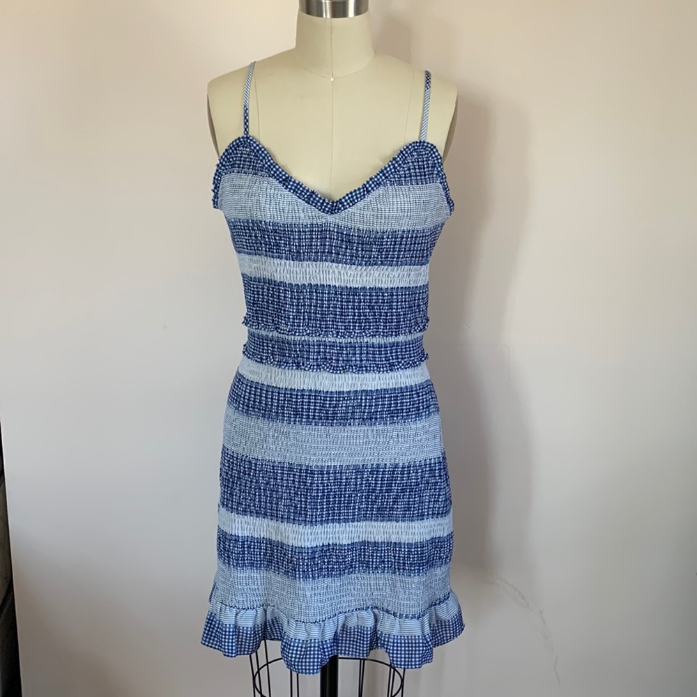 Blue and white mini dress with shirring and ruffle
